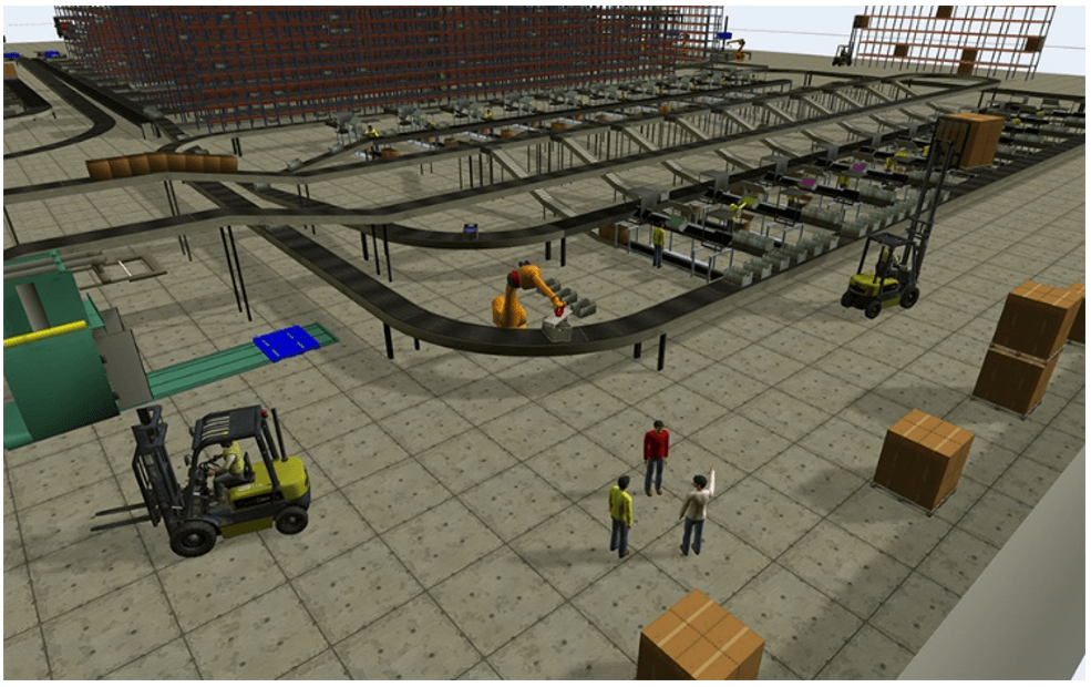 A 3D image of a factory interior in FlexSim