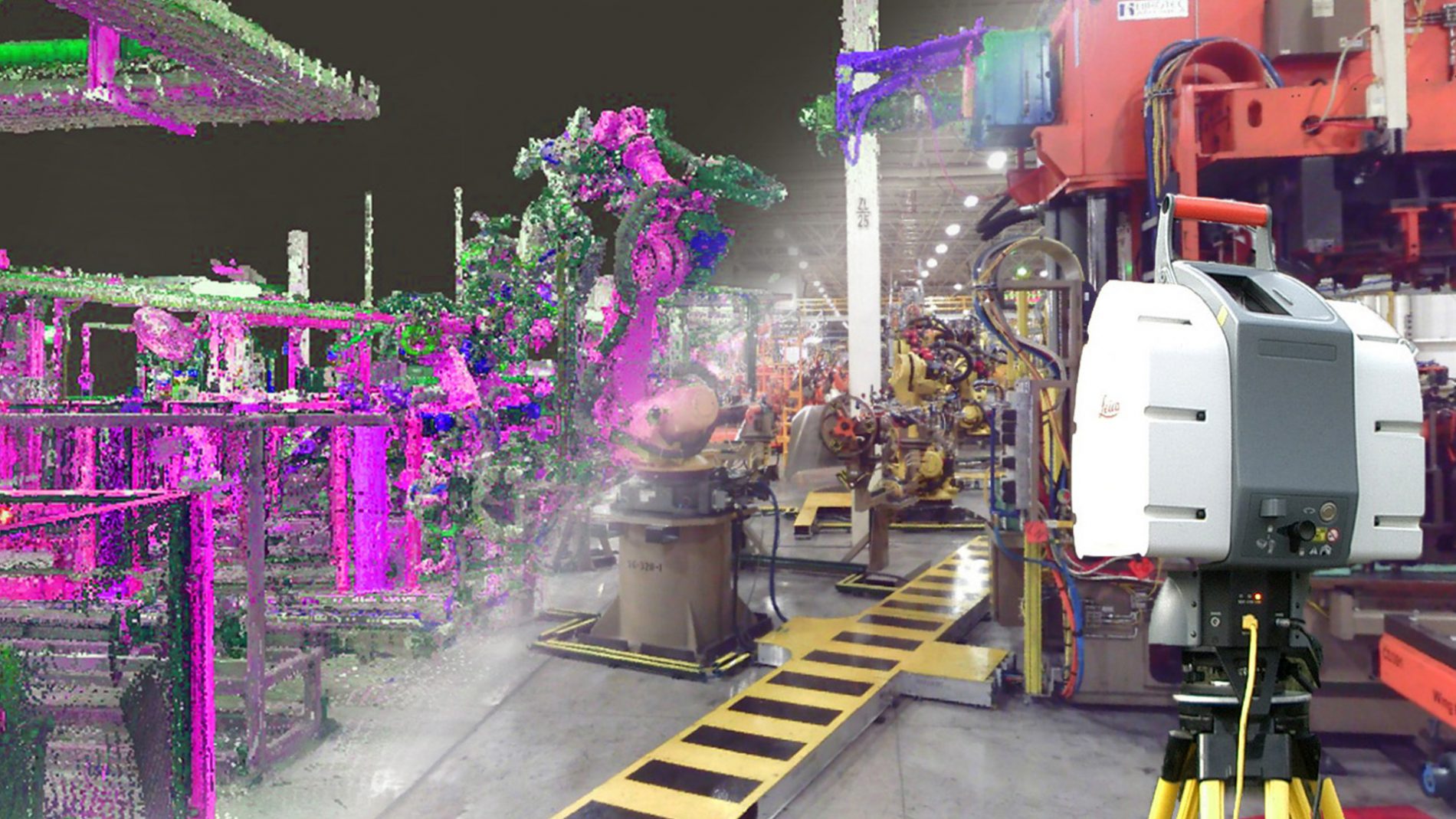 Factory equipment depicted as a point cloud shading into a photograph